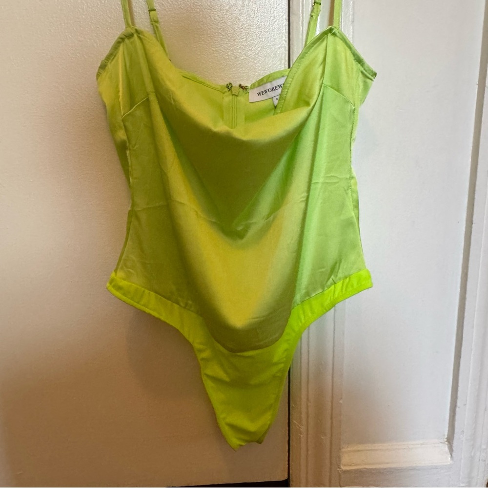 WeWoreWhat Lime Green Satin Bodysuit